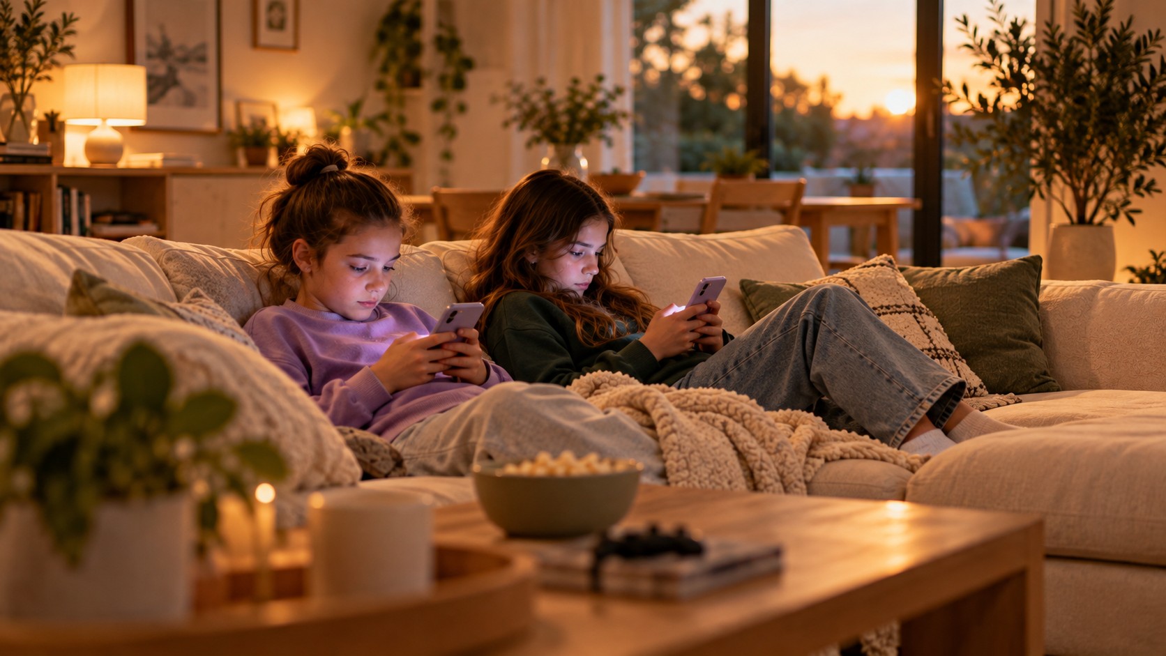 Deux sœurs absorbées par leur téléphone sur le canapé, lumière du soir déclinante derrière elles